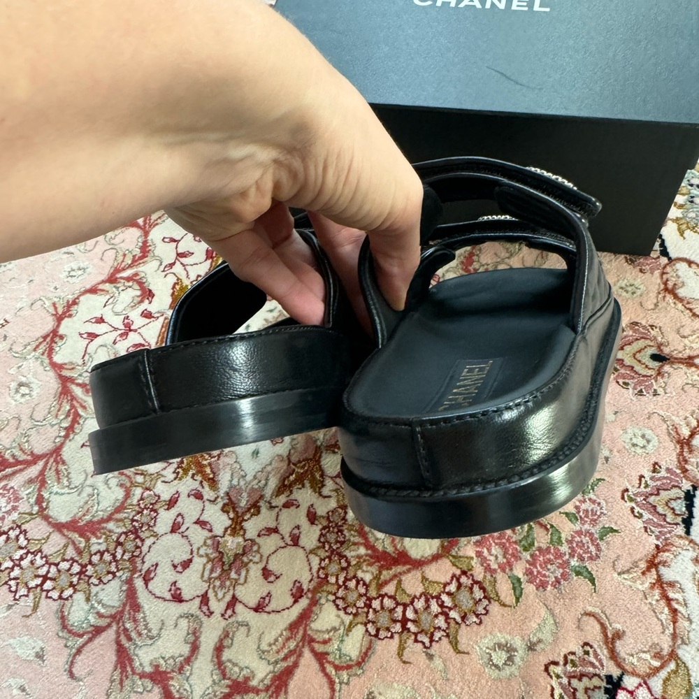 CHANEL Black Sandals with Silver Logo - Picture 4 of 14